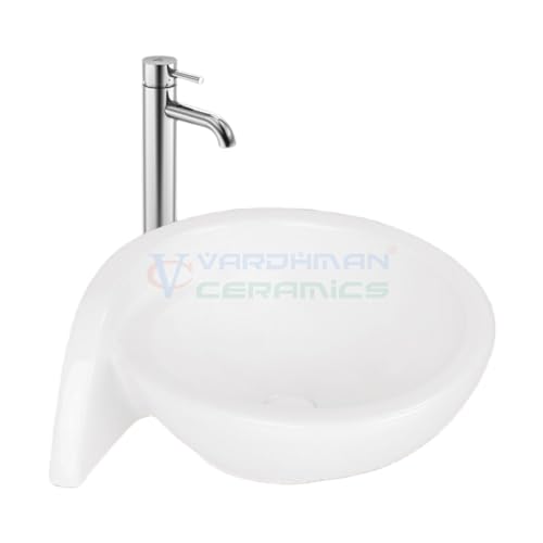 Image of Wash Basin Table Top Over Counter Vessel Sink Glossy Finish White Sink for Bathroom (21 x 18 x 8 Inch)
