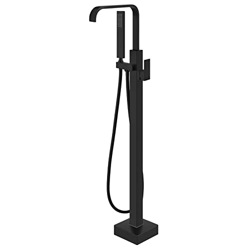 Aolemi Matte Black Floor Mount Tub Filler Waterfall Freestanding Bathtub Faucet Brass Tap Single Handle with Handheld Shower
