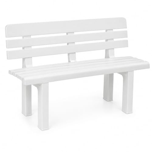 TIENDA EURASIA – Banco de Jardín Exterior 2 Plazas | 110x52x71 cm | Plástico PP Resistente | Color Blanco | Soporta hasta 130 kg | Diseño Clásico | Fácil Montaje | para Terraza y Patio