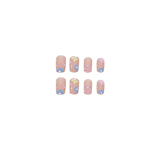 Square Shape Fake Nails Medium Press On Nails Light Pink Flower False Nails With Design Full Cover Acrylic Nails Glossy Glue On Nails Summer Floral Artificial Nails Stick On Nails For Women 24Pcs #TOP1