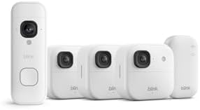 💎 73% MEGA DEAL! Cámara exterior 2K+ Blink + Blink Videotimbre 2K+ con pilas (últ. generación)— módulo de sincronización básico Incluido: sistema de 3 cámaras, Blanco