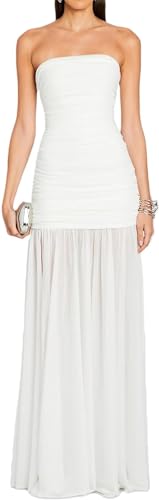 CheJooe Vestido largo ajustado para mujer, sin tirantes, espalda descubierta, plisado, de malla, estampado de leopardo, abertura alta, para fiesta, club, noche, Bb2-blanco, S