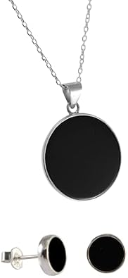 Sterling Silver 925 Black Onyx Flat Round Handmade Pendant Necklace for Women & Men - Unisex