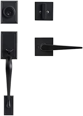 Natsukage Front Door Handle Set Matte Black Entry Door Lock Set Heavy Duty Entrance Handle Set with Lock, with Single Cylinder Deadbolt and Lever Handle, Reversible for Right & Left Handed Doors