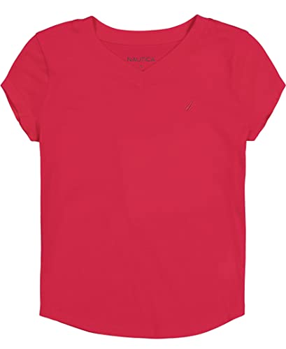 Image of Nautica Girls' Short Sleeve V-Neck T-Shirt, Solid Cotton Blend Tee with Tagless Interior