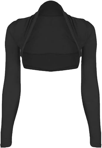 SHADOW DANCE UK Womens Long Sleeve Top Cropped Plain Bolero Cardigan Ladies Shrug Sizes 8-14 - Open Front Shrug Top -Sleeves to Cover Arms Workout Tops Black-ML