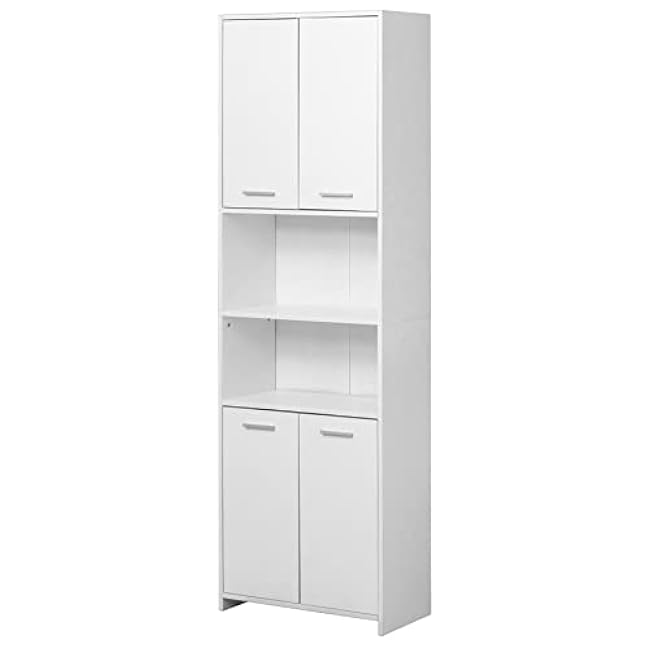 Modern White Standing Bathroom Tall Linen Tower Storage Cabinet, Wide
