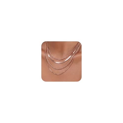 Tewiky Layered Necklaces for Women Non Tarnish- Chunky Rose Gold Plated Herringbone/Snake/Rope/Box/Cuban Link Chain for Women Waterproof Layering Stack Choker Necklace Trendy Dainty Tarnish Free Jewelry Set