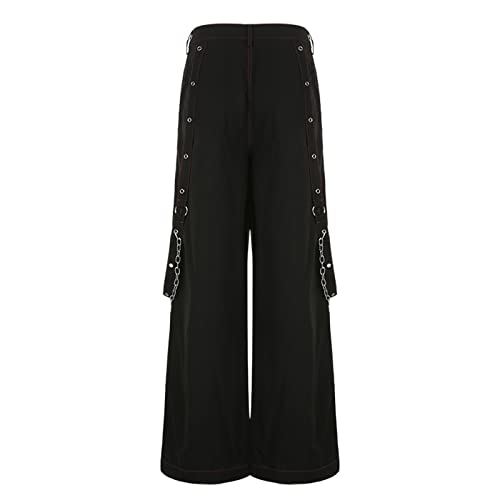 Women Gothic Baggy High Waist Pants Striped Button Hip-hop Strap Y2k Trousers with Pocket Streetwear4