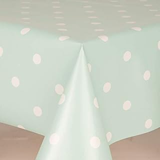PVC Tablecloth Polka Duck Egg 1 Metre (100cm x 140cm), Spots Dots, Pale Baby Blue White, Wipe Clean, Vinyl / Plastic Table Cloth