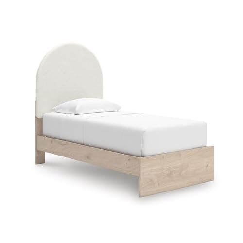 Signature Design by Ashley Shapella Twin Size Upholstered Platform Bed Frame, Organic Shaping with Light Upholstery, Kids Bedroom Furniture, Tan and White