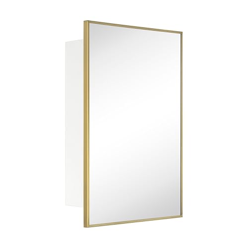 Image of TEHOME 17.5'' x 29'' Brushed Gold Recessed and Surface Mount Bathroom Medicine Cabinet with Mirror Brushed Gold Square Cornered Metal Framed Rounded Rectangle Medicine Cabinet Mirror