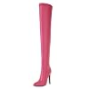Winter Over De Knie Laarzen, Roze Lederen Hoge Hak Stretch Fleece Voering Puntige Slip-on Vrouw Lange Laarzen Voor Het…