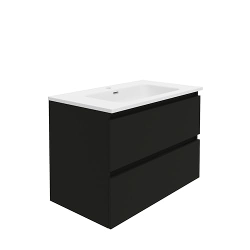 Baikal Mueble de Baño Rubi. Mueble MONTADO. 2 Cajones Suspendido con Lavabo. Armario de Baño. Lavabo Ceramico. Cierre Amortiguado. Altura 55cm. 80cm Negro.