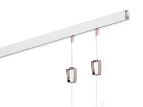 STAS Minirail Picture Hanging System Set - Covers 6.56 ft of Wall Space - Smallest Picture Rail & Art Hanging Gallery Kit for Art Display (White Rails, Includes 2 Hooks & Cords)