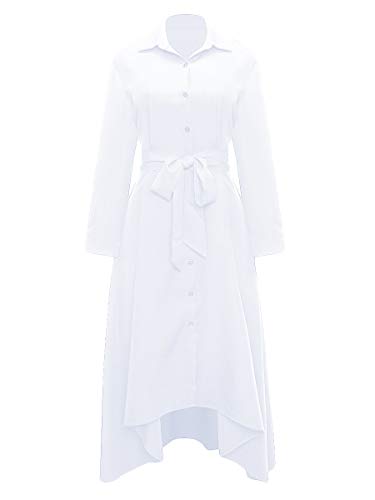 Verwin Women Long Sleeve Loose Elegant Maxi Dress Button Down Up Shirt Long Dress With Pockets And Belts White S #TOP3