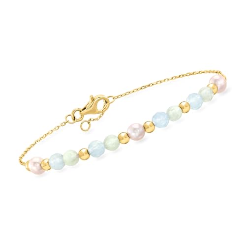 Pure Collection by Ross-Simons 1.80 ct. t.w. Aquamarine and 4-4.5mm Prehnite Bead Bracelet With 4.5-5mm Cultured Pearls in 18kt Gold Over Sterling. 7.5 inches
