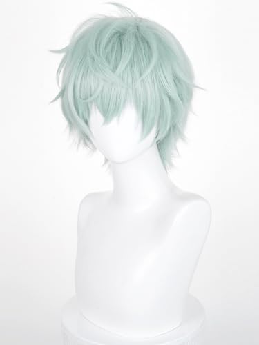 Image of Half and Half Short Light Green Anime Male Wig for Till Cosplay Green Wigs with Bangs for Men Light Teal Spiky Layered Wigs for Unisex Women Halloween Party Costumes