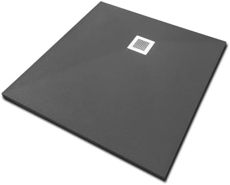 Belvit Duschwanne aus Kompositstein Schwarz, Schieferstruktur, Größe 100x100 cm, flach und modern, rutschhemmend, robust, inkl. Ablaufgarnitur, einfache Montage