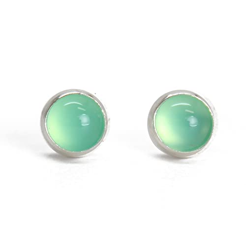 Kathy Bankston Handmade Chrysoprase Gemstone Stud Earrings for Women and Girls, 4mm Round Bezel 925 Sterling Silver