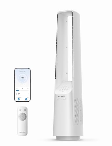PELONIS Bladeless Tower Fan with 26-33ft Powerful Airflow, Alexa and Google Compatible, 6-Speed Settings, Quiet DC Motor, 120° Oscillation, 7-Hour Timer - Ideal for for Bedroom Home Office Use,White