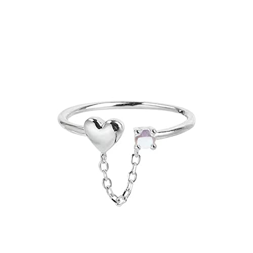 Tiny Love Heart with Chain Adjustable Open Ring for Women 925 Sterling Silver Expandable Small Finger Knuckle Pinky Ring Promise Eternity Stacking Ring for Her Birthday Wedding Gifts (Silver)