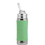 Pura Kiki 11oz/325ml Stainless Steel Straw Bottle w/Sleeve, 100% Plastic-Free, MadeSafe Certified, 100% Medical-Grade Silicone Straw for Kids, Toddlers, Preschoolers, Babies & Infant - New Moss