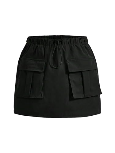 EARKOHA 2025 Skirts for Women Solid Color Drawstring Waist A-Line Work Skirt with Flap Pockets Black M