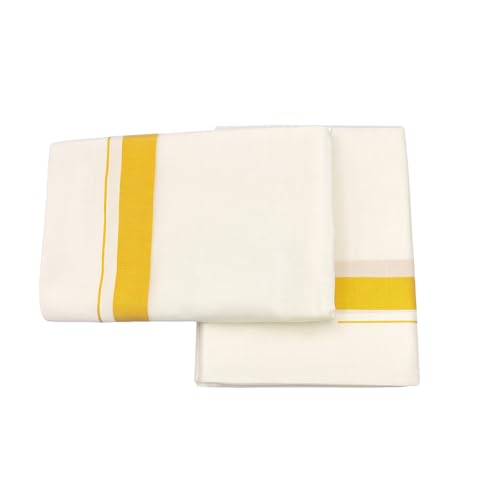 Image of Kerala Kasavu Double Mundu Cotton Dhoti for Men, Cream colour traditional Festival Wear with Gold Zari Border Onam Mundu Ethnic Clothing, Breathable Cotton Kerala Dhoti for Ceremony