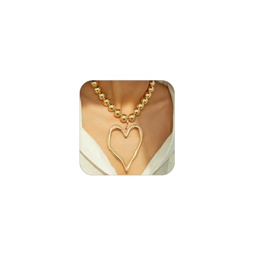 Unique Big Chunky Gold Heart Beads Necklace for Women, Charm Large Thick Hollow Love Heart Pendant Beaded Chain Choker Necklaces Party Y2K Jewelry Gift