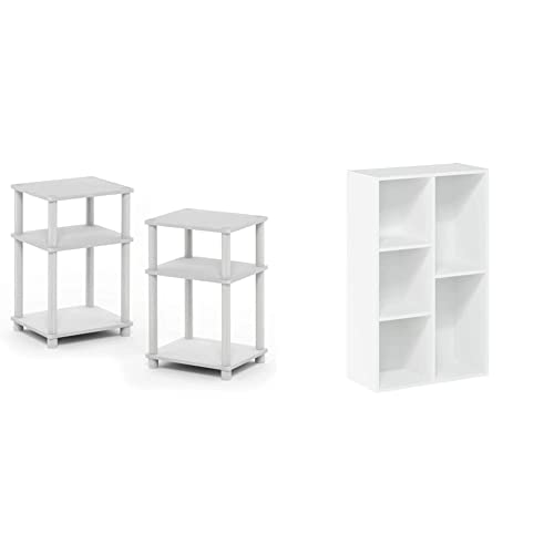 Furinno-Just-3-Tier-Turn-N-Tube-End-Table-Side-Table-Night-Stand-Bedside-Table-with-Plastic-Poles-2-Pack-WhiteWhite-and-Furinno-Luder-Bookcase-Book-Storage-5-Cube-White