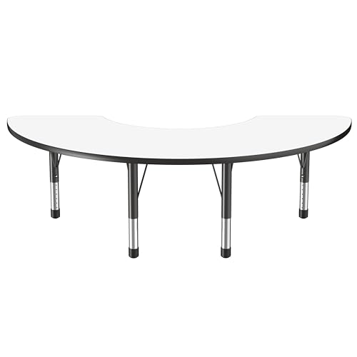 Image of FDP Dry-Erase Half Moon Activity School and Classroom Kids Table (36 x 72 inch), Chunky Toddler Legs for Collaborative Spaces, Adjustable Height 15-24 inches - Whiteboard Top and Black Edge