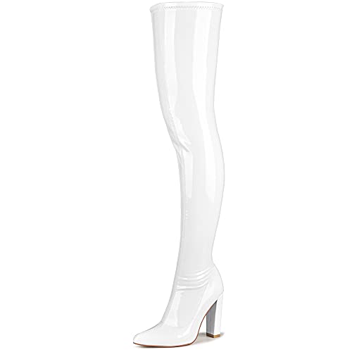 WSKEISP Women's White Thigh High GOGO Boots Patent Leather Heeled Over The Knee High Long Tall Pointed Toe Dress Boots by WSKEISP - Used condition - US$60.16