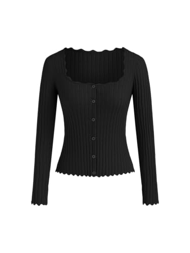 Image of CIDER Women's Ribbed Knit Crop Cardigan Long Sleeve Square Neck Button Down Shirts Slim it Tops