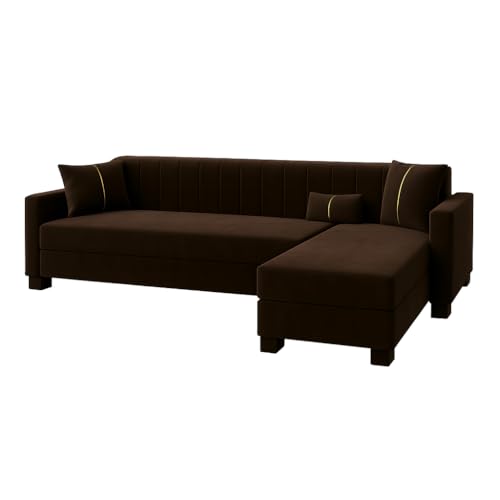Image of SOCOZI Almeria 5 Seater RHS L Shape Sofa Set | Soft Velvet Suede Fabric | Modern Design | Plush Comfort Cushions for Living Room (Dark Brown)