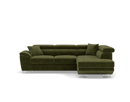 Bestmobilier - Baoji - Canapé d'angle Droit 5 Places Convertible avec têtières et Coffre en Velours côtelé, Vert