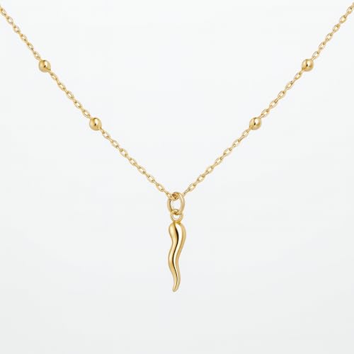 Dainty Italian Horn Necklace – 14K Gold Plated 925 Sterling Silver Cornicello Pendant – Gold Laminated Rosary Chain – 16”+2” – Made in Italy – Good Luck Talisman Jewelry for Women4