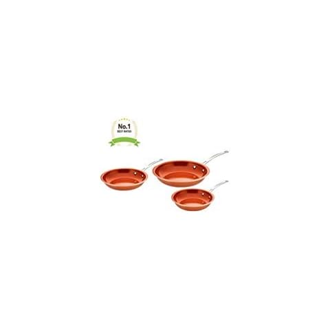 Unique Imports Award Winning Non Stick Copper Ceramic 3 Piece Pan Set - Round Skillet Frying Pan - Even Heating with Steel Handle Cover