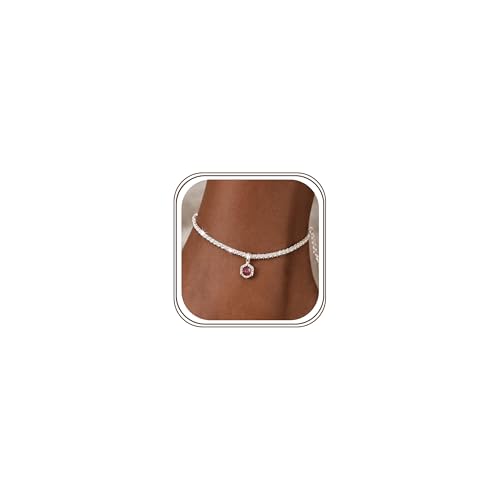 Image of Maynor Birthstone Anklet for Women 925 Sterling Silver Anklet Bracelets with CZ Pendant in 12 Colours, Personalised Waterproof Jewellery Adjustable Birthday Gift for Women & Girls