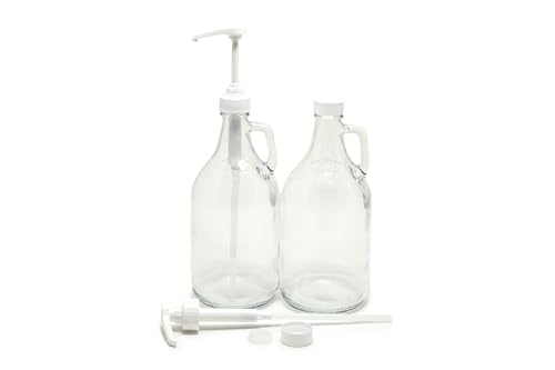 Vivaplex, 2, Large, 64 oz (1/2 Gallon) Clear Glass Jugs with White Lotion Pumps and White Screw Caps