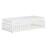 ML-Design Kinderbett 90x200 cm Weiß mit Matratze H:16cm, Bodenbett für Kinder mit Lattenrost und Rausfallschutz, Jugendbett aus massivem Kiefernholz, Bettgestell für Jungen/Mädchen, Holzbett Babybett
