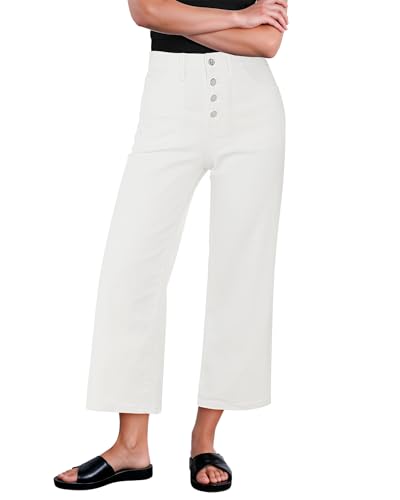GRAPENT Womens Cropped Jeans Wide Leg Cropped Jeans for Women Womens Pants Cream White Large US Size 12-14