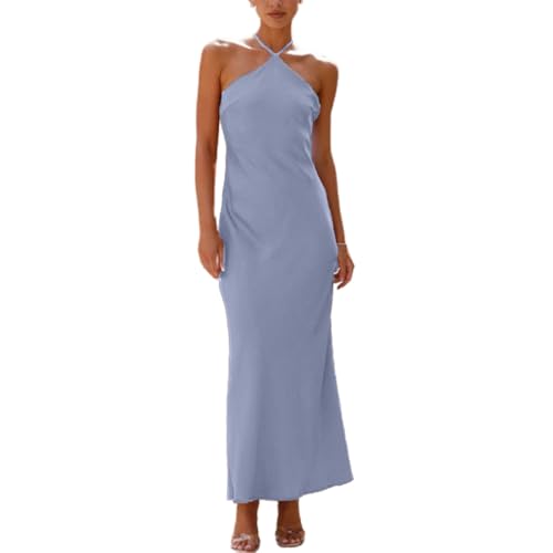 Women's Satin Bodycon Maxi Dress Elegant Formal Spaghetti Strap Backless Cocktail Dresses Wedding Guest