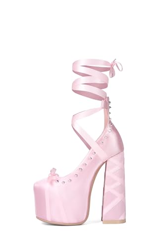 Mary Jane Sweet Lolita Platform High Heeled Pumps, Kawaii Ballet Cosplay Anime Satin Lace Bow Ribbon Rivets, Y2K Punk Goth Hot Lovely Girl Big Large Size Baroque Shoes for Women Men3