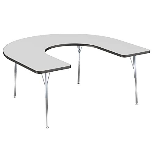 Image of FDP Horseshoe Activity School and Office Table (60 x 66 inch), Standard Legs with Swivel Glides, Adjustable Height 19-30 inches - Gray Top, Black Edge, Silver Legs