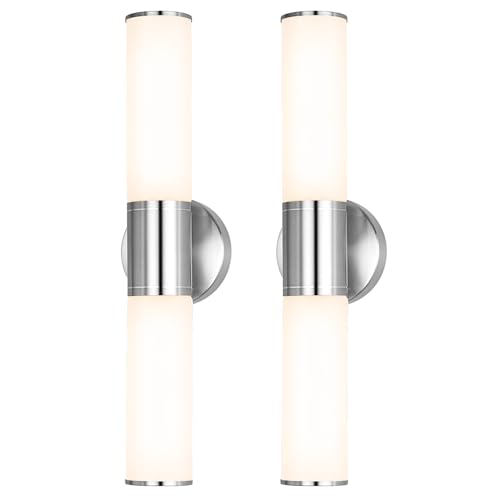 Image of 2-Light Bathroom Vanity Lighting Fixture, Brushed Nickel Wall Sconce with Opal White Glass, E26 Stocket Indoor Wall Lamp, Modern Mirror Light. 2 Pack
