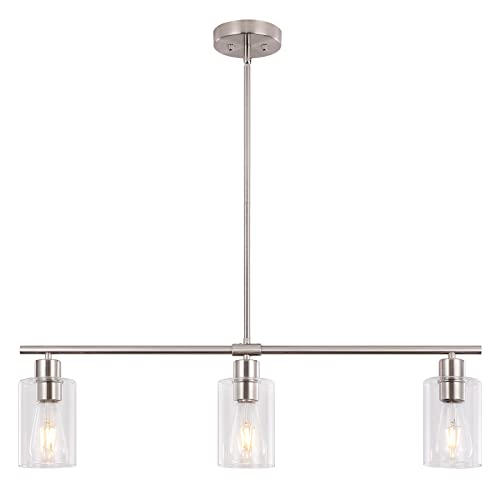 Image of 3-Light Brushed Nickel Kitchen Island Lighting Clear Glass Pendant Light
