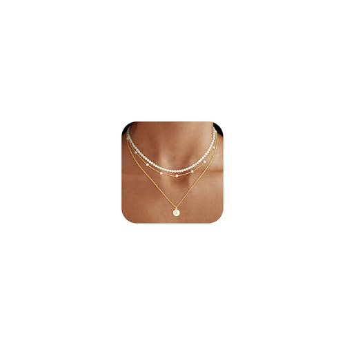 Fezodo Gold Layered Pearl Necklaces for Women, Dainty Pearls Necklace
