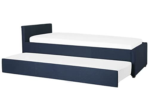 Modern Fabric EU Small Single Trundle Bed Frame 2ft6 Navy Blue Slatted Marmande