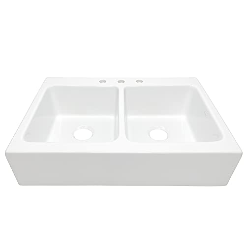 Sinkology Sk453-34Fc-Amz Parker Quick-Fit Drop-In Farmhouse Fireclay 33.85 In. 3-Hole Double Bowl Crisp White Kitchen Sink #TOP1